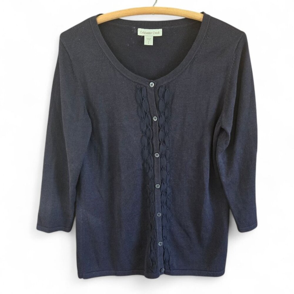 Coldwater Creek Navy Blue Silk Cotton Cardigan Sweater Ribbon Detail Small